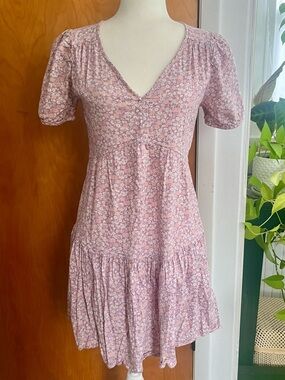 GAP Pink Floral V-Neck Tiered Mini Dress